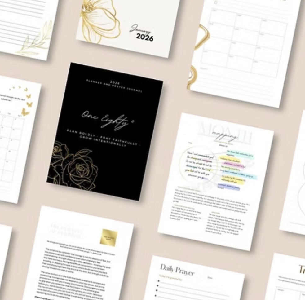 180 Daily Planner interior pages showing calendars, daily prayer, verse mapping, and reflection layouts