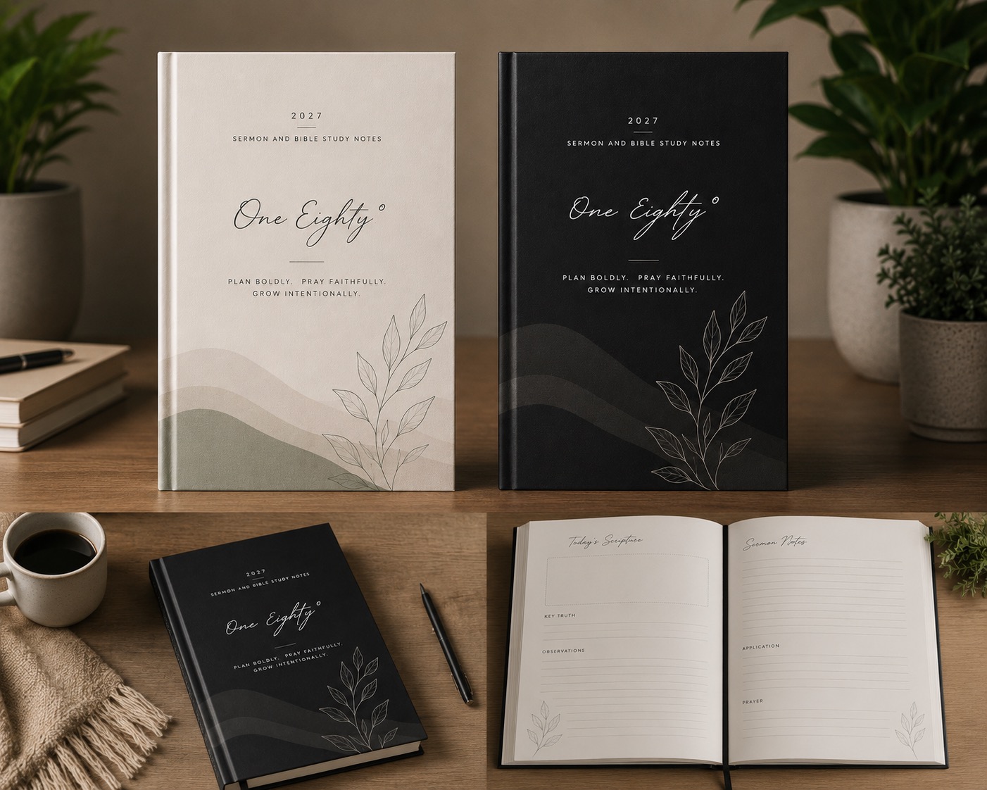 2027 One Eighty Sermon and Bible Study Notes Journal preview with black and cream covers and interior pages