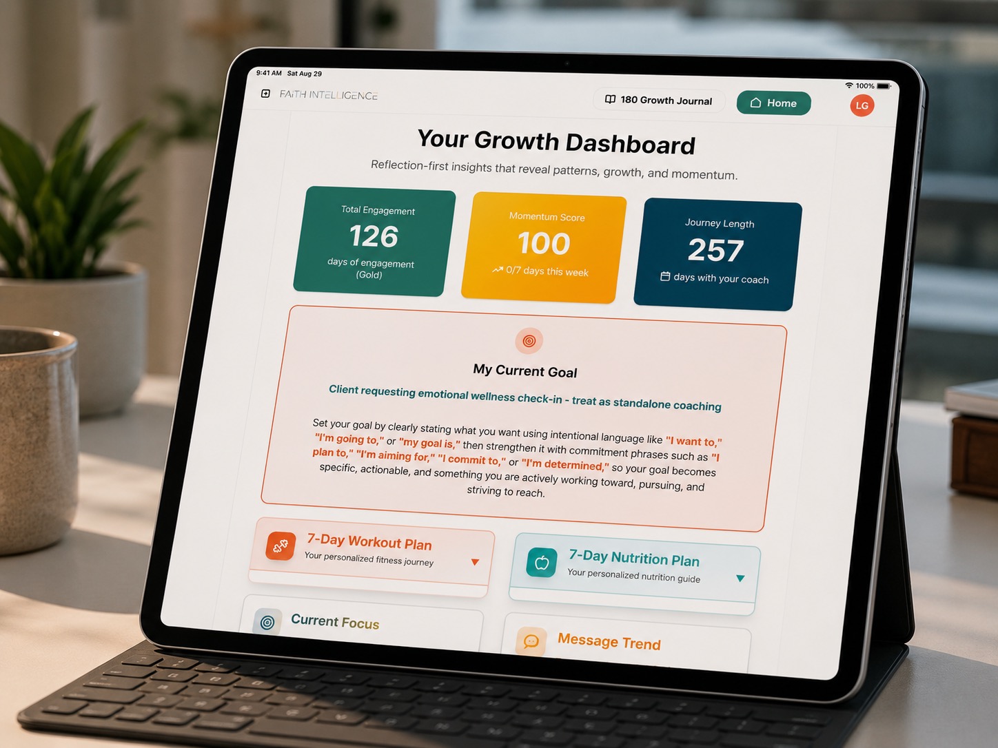 180 Coach Growth Dashboard showing engagement, momentum, and goal progress